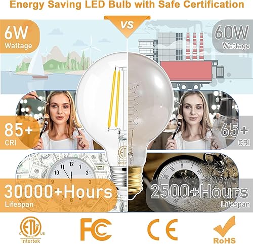 Miniatura 4 de hansang Paquete de 8 bombillas LED Edison G25, 3000 K blanco suave, bombillas redondas con base E26 para tocador de baño, equivalente a