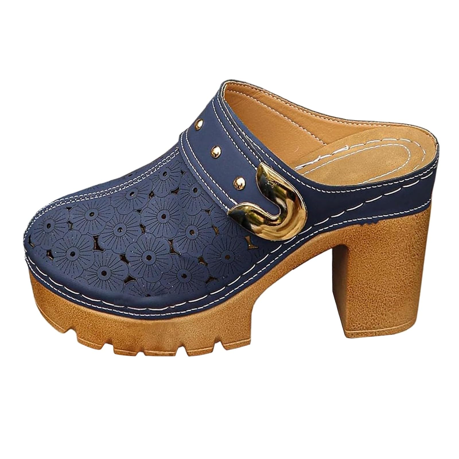 Zoccoli donna con tacco alto sabot con zeppa platform punta chiusa fibbia decorativa design con fori scarpe eleganti per feste e lavoro