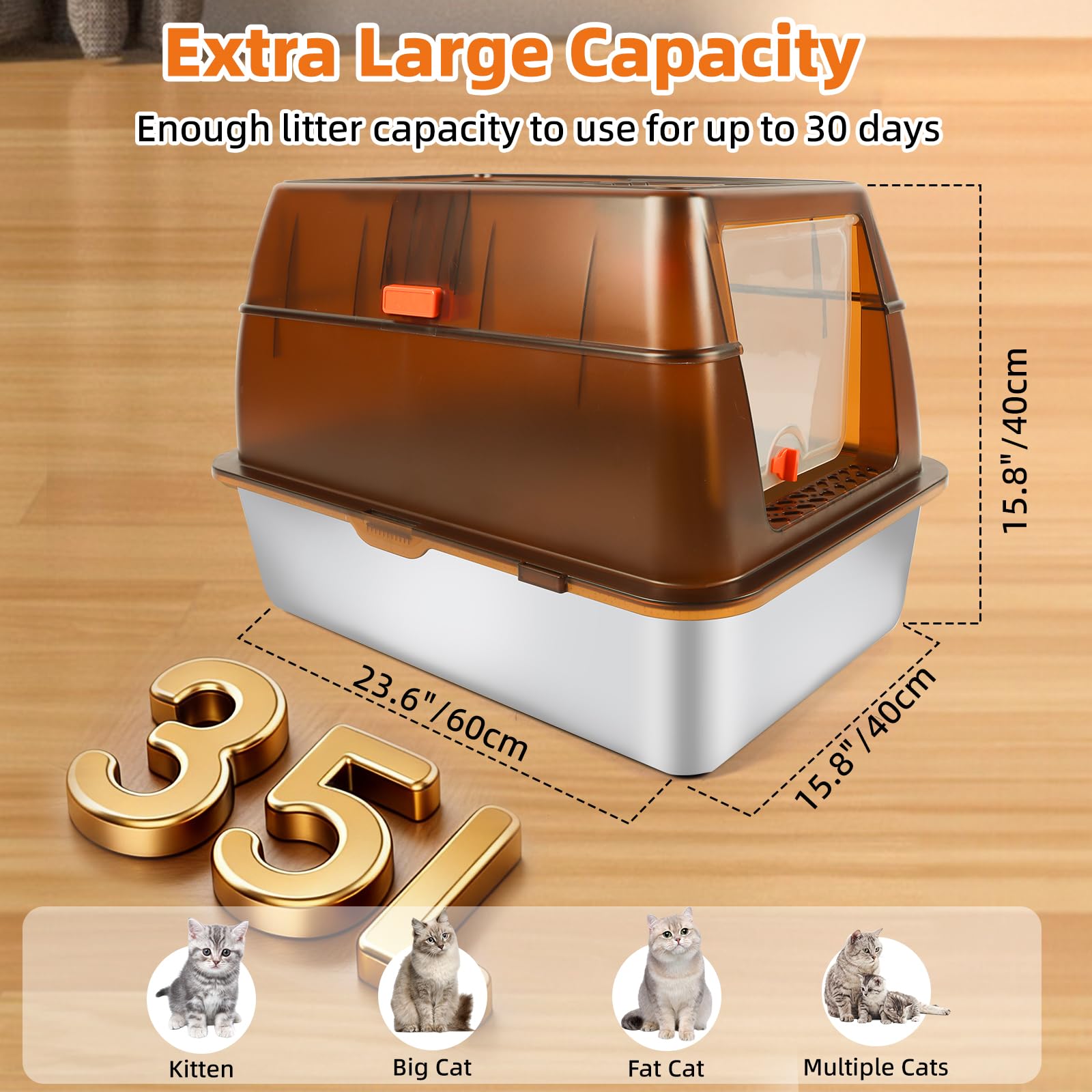 Stainless Steel Litter Box with Sifting Pan, XXL 23.6"L x 15.7"W x 17.7”H Enclosed High Sided Removable Metal Cat Litter Box withLid, Scoop, Anti-Leakage, Non-Sticky, Easy Cleaning (Dark Grey) - image 3