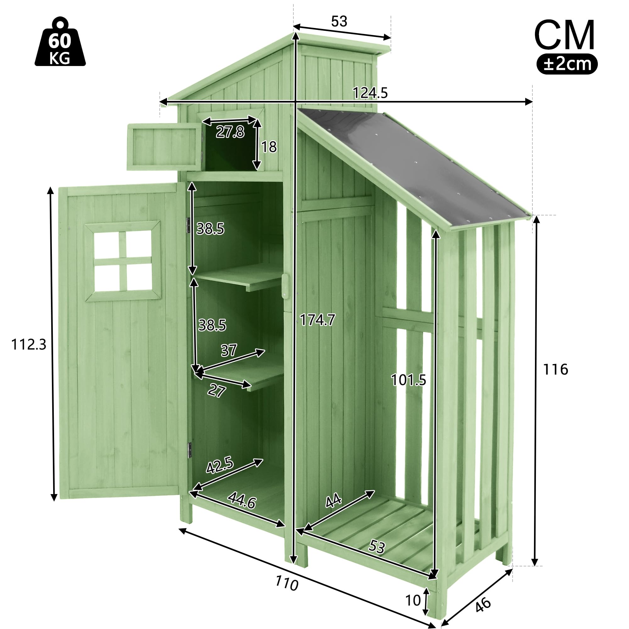 Caseta para herramientas de jardín con techo de PVC, 124 x 53 x 174 cm (ancho x profundidad x alto), caseta de madera para jardín, armario de jardín, pequeño armario de jardín, resistente al agua
