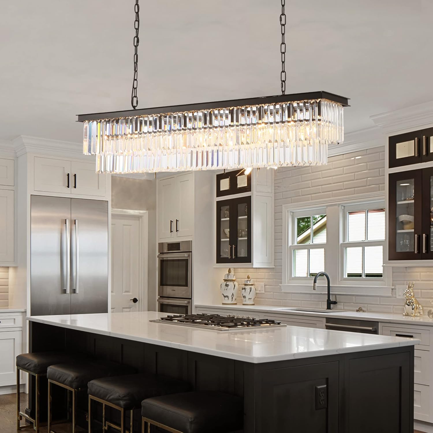 7PM Rectangle Crystal Chandelier Lighting, Crystal Chandeliers for Dining Rooms Rectangular Chandeliers Black Chandelier Crystals Light Fixtures Modern Pendant Ceiling Light for Kitchen Island 47''