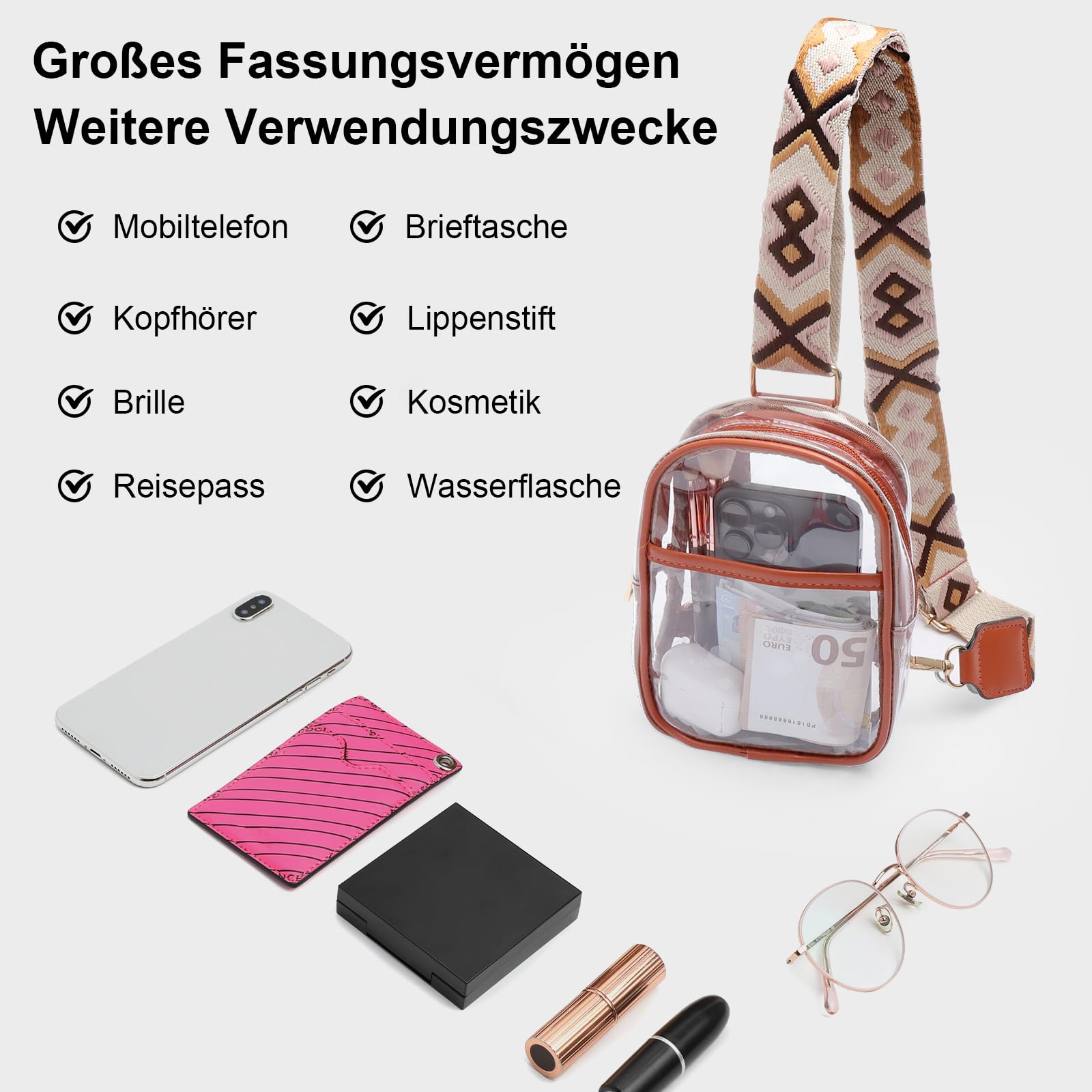 APOMOONS Bolsa Transparente PVC Impermeable de Concierto con Correa Ajustable Crossbody para Mujeres Hombres