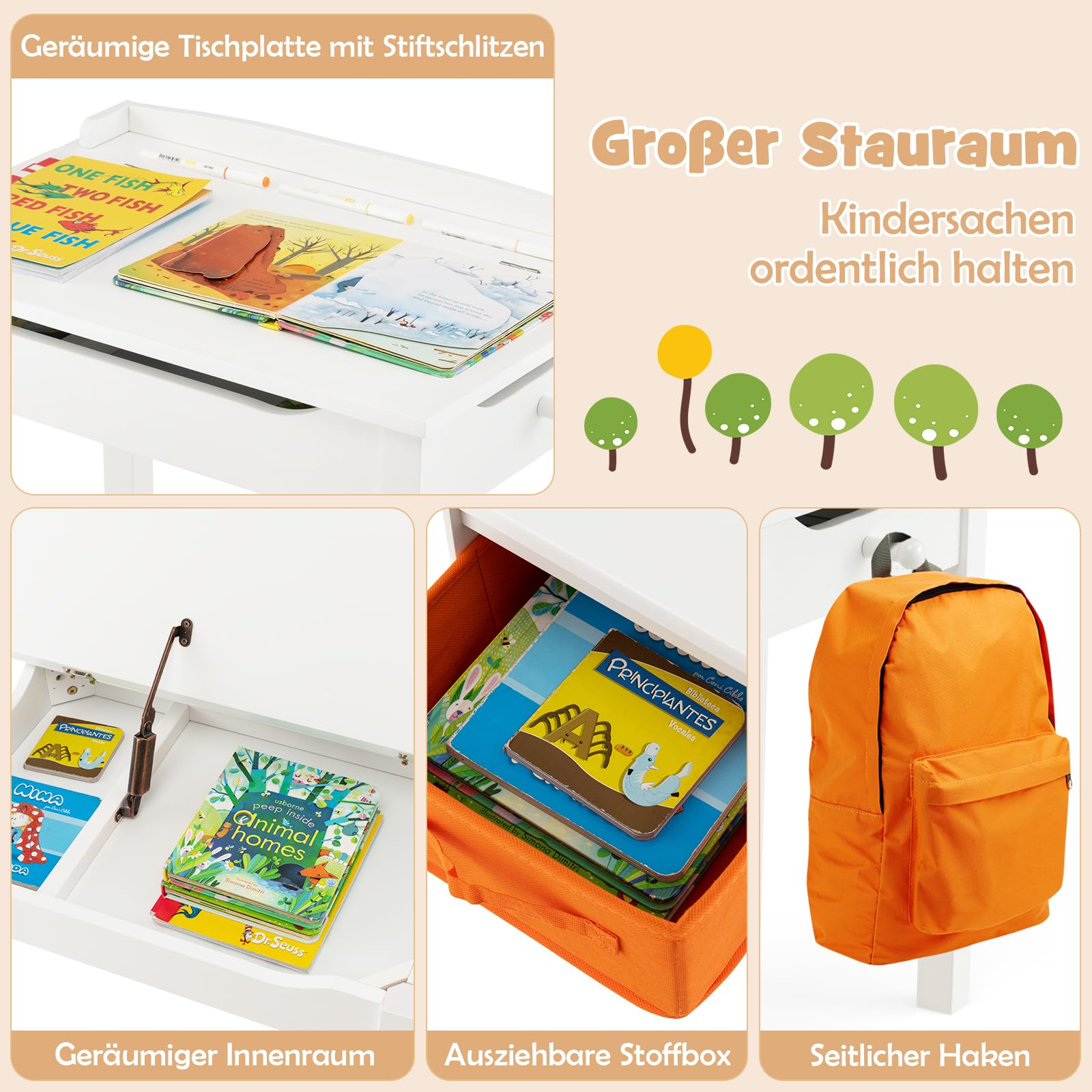 DREAMADE Kindertisch mit Stuhl, Kinderschreibtisch Kinder Schreibtisch aus Holz, Kindersitzgruppe mit Stauraum & Stoffbox (Weiß)