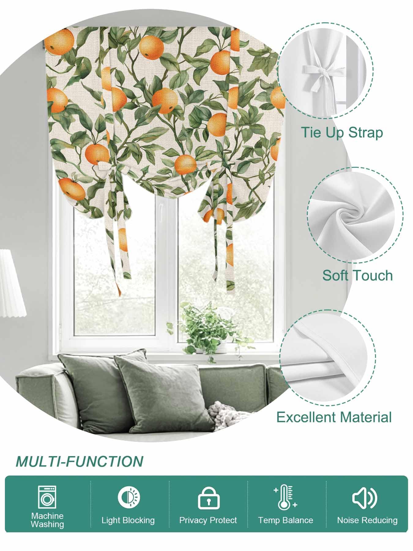 Tie Up Curtains for Windows Vintage Orange Green Leaves Roman Shade 42 x 45 Inch Bathroom Curtains Window Farmhouse Botanical Linen Rod Pocket Short Balloon Curtains for Living Room Kitchen Blinds