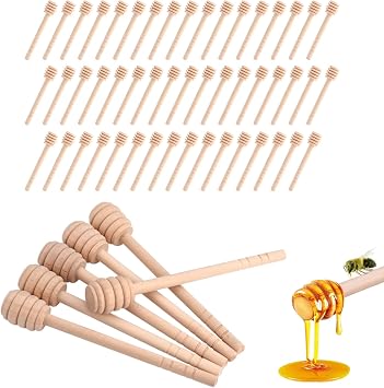 BORDSTRACT Honey Dipper Sticks, 50pcs natural wood honeycomb stirrers with deep grooves for easy dispensing of syrups and molasses in kitchen baking and household use