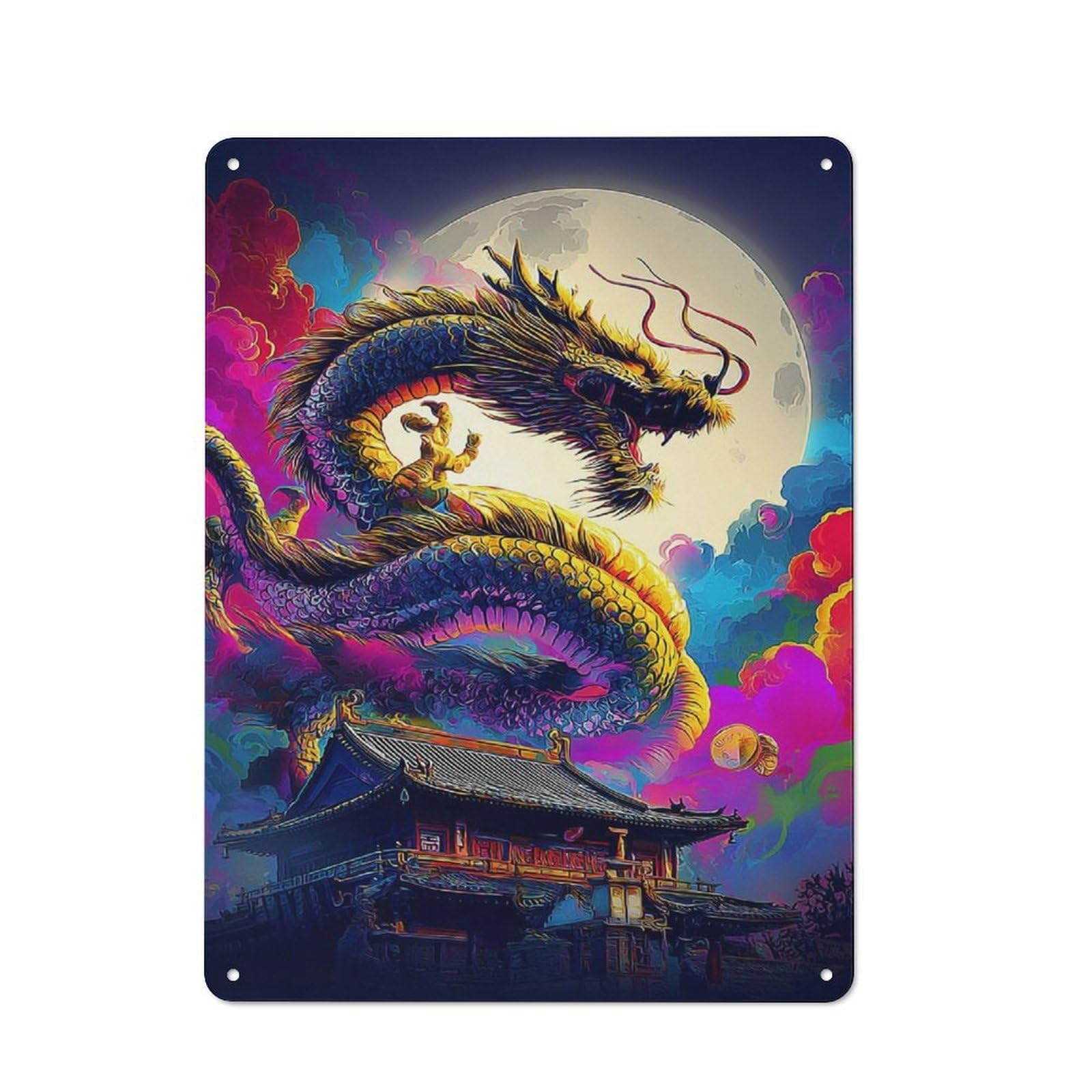 Junmoney Dragon Moonlit Palace -1 Decorative Tin Plaque 40X30cm, Vintage Bar Wall Plaque For Bar, Kitchen, Garage Or Games Room