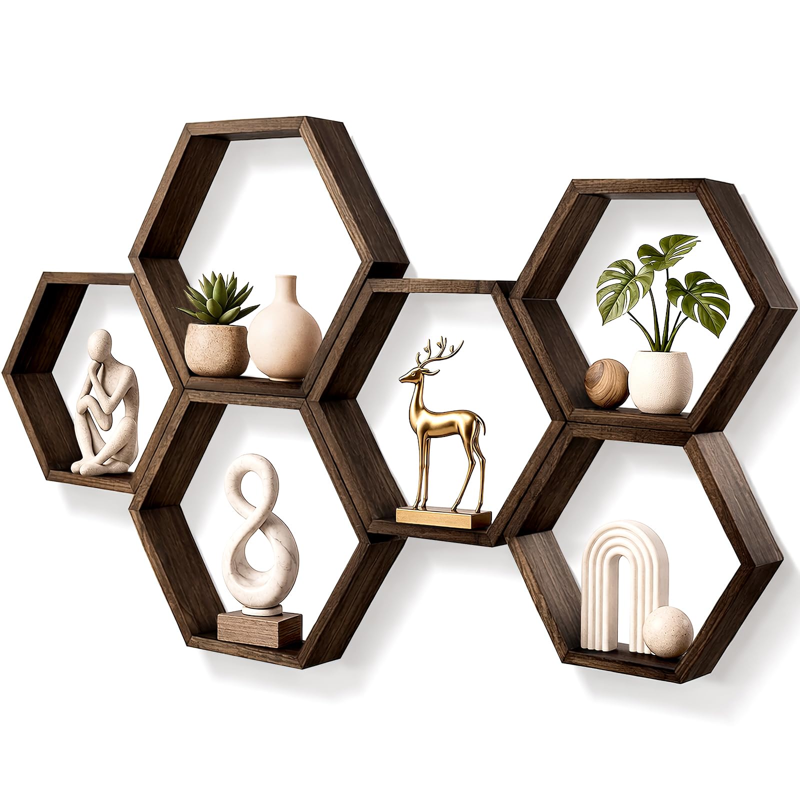 Wandregale Holz 6er Set Hexagon Schwebendes Regale für Deko, Bücher, Aufbewahrung und Organisation, Rustikale Wand Regal Wanddeko Wandregal Schwebend für Wohnzimmer & Schlafzimmer Wände