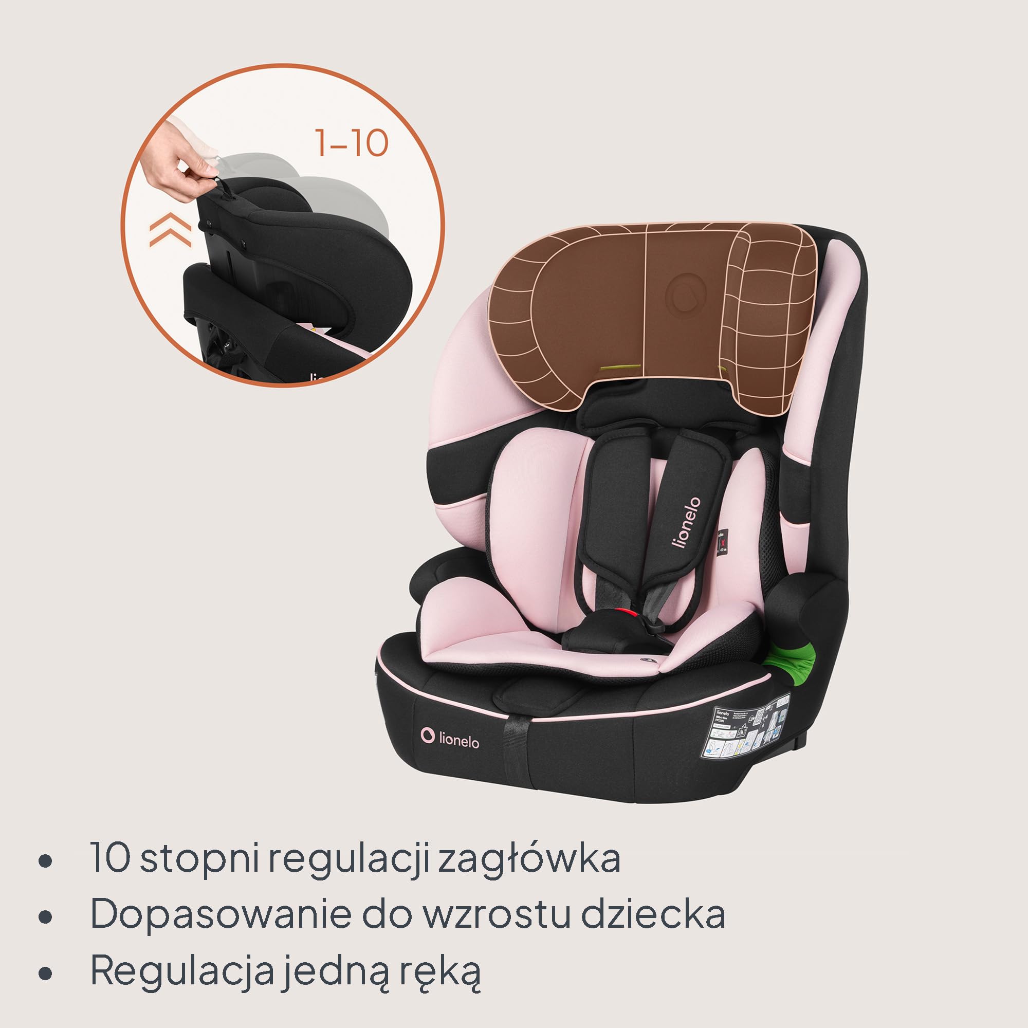 LIONELO Fotelik samochodowy Billy i-Size dla dzieci 76-150 cm (15 miesięcy – 12 lat) montaż na pasku lub na pasku, 10-pozycyjny zagłówek, ochrona boczna, górny pasek mocujący, 5-punktowa uprząż z