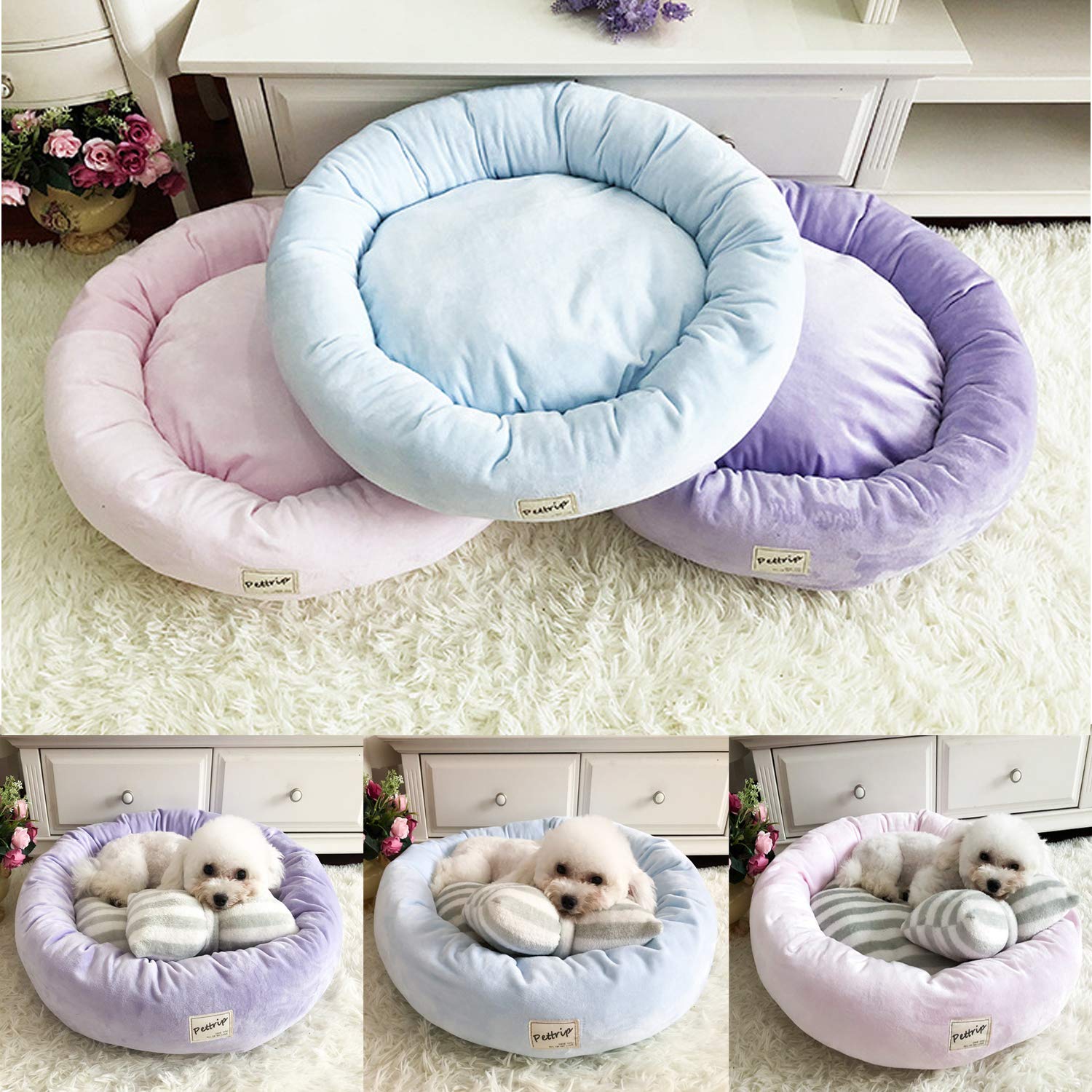PETCUTE Hundebett Katzenbett Waschbar Hundesofa Rund Kissen Bett Wildlederimitat Haustierbett für Grosse Mittlere kleine Hunde Katzen(M-55 * 15 cm Lila)