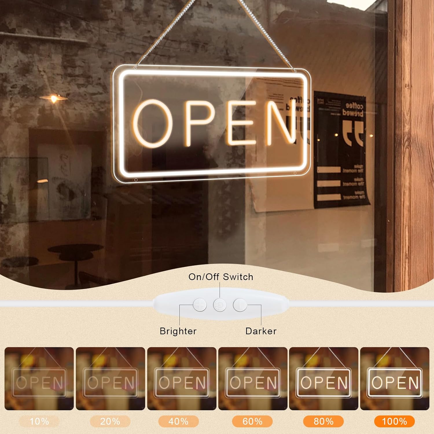 LED Open Signs for Business by USB,Adjustable Brightness Open Sign with ON/OFF Switch for Stores,Coffee Shop,Flower shop, Hotel,Bars, Window etc,16x9in,Warm White(Outside Edge Cool White)