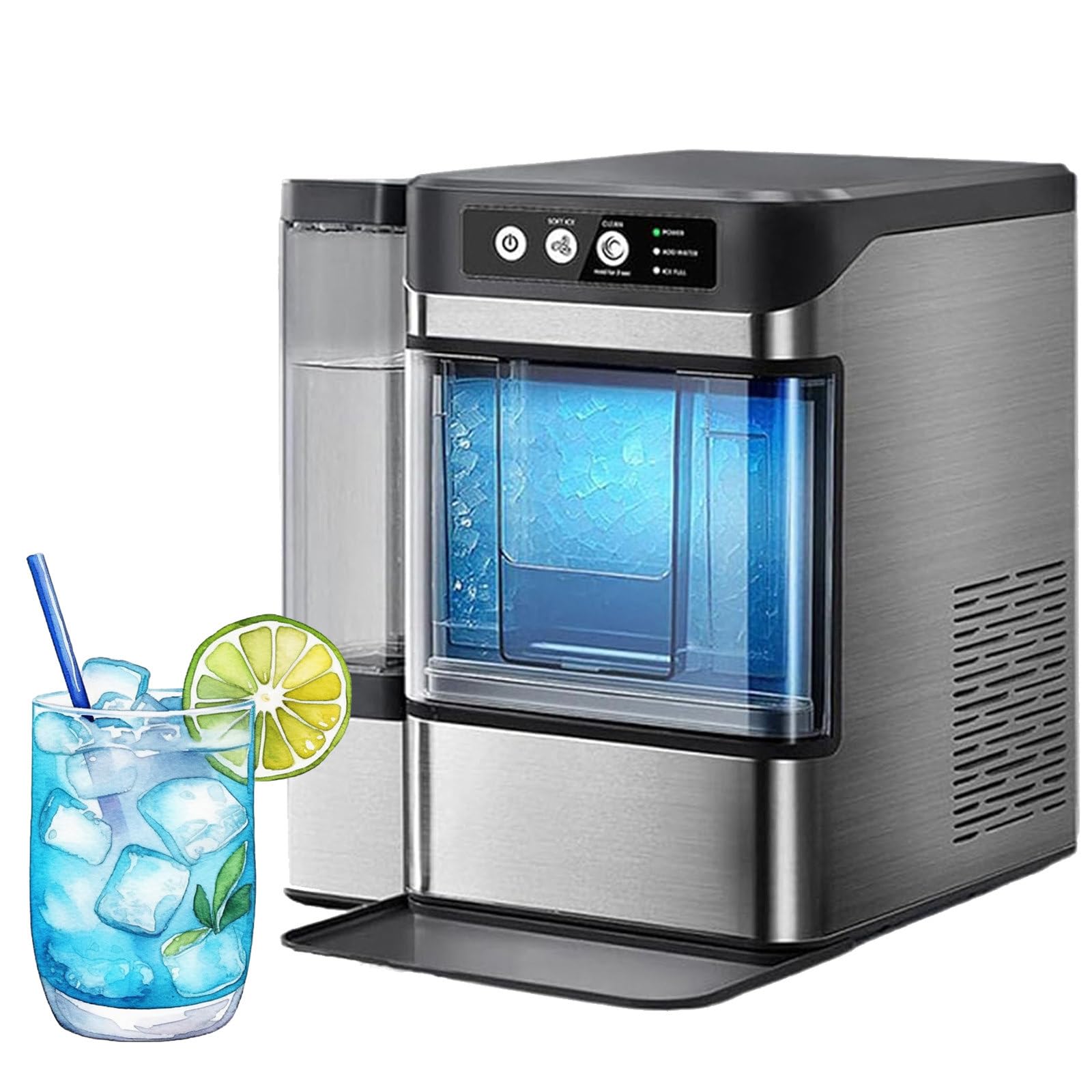 Macchina per il ghiaccio a pepite masticabili, portatile, autopulente, con serbatoio dell'acqua laterale, 17 kg in 24 ore, in acciaio inossidabile, ideale per casa, ufficio e bar, con funzionamen