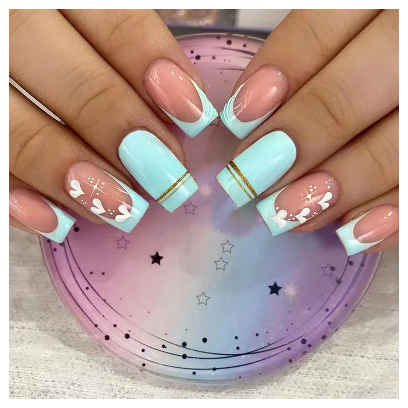 Blue Press On Nails - Medium Coffin Shape with Cute Heart & Gold Line Design, 24pcs Glossy False Nails for Women & Girls