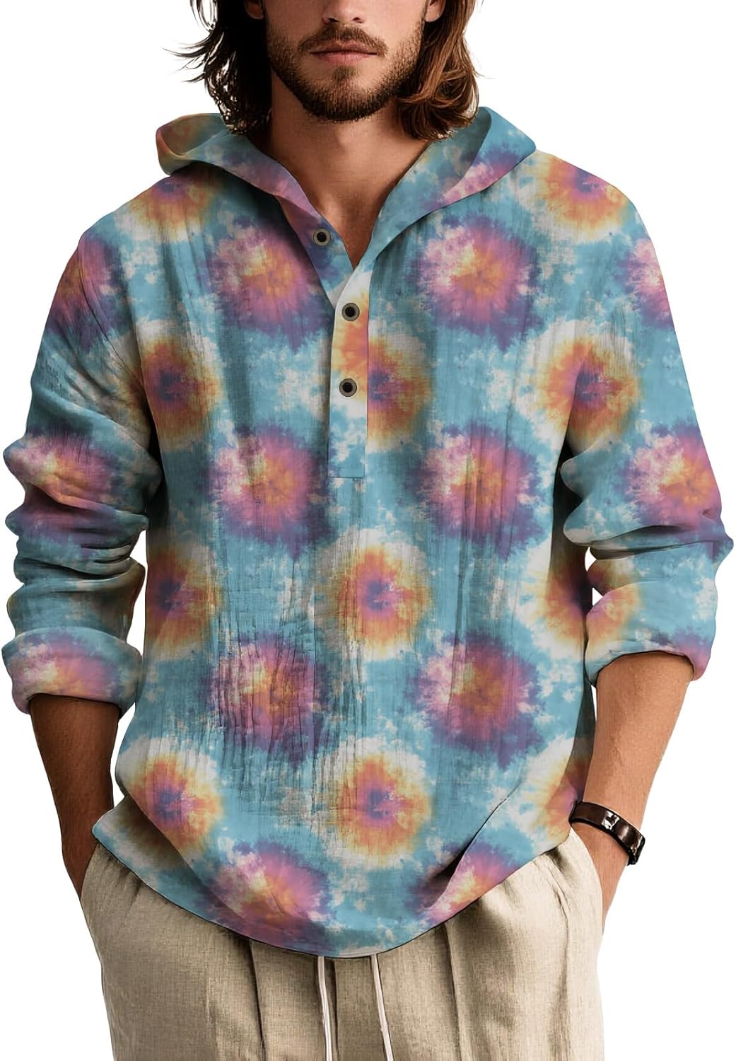 Mens Tie Dye Hooded Long Sleeve Shirt Lightweight Pullover Button Placket Casual Top for Spring Summer Streetwear