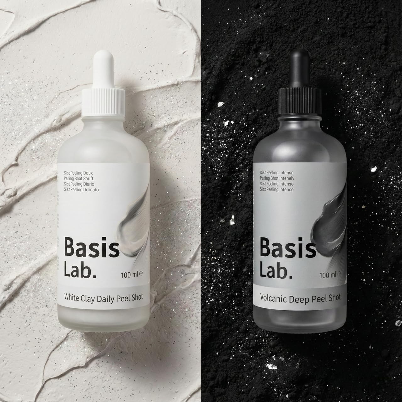 Peel Shot - Vulkan & Weisser Ton - Sanfte Porenreinigung & Tiefenpflege mit Centella & Hyaluron - Gegen Mitesser - 100ml (1x Vulkanerde + 1x Französische Tonerde, 1+1 Duo Basis Lab)