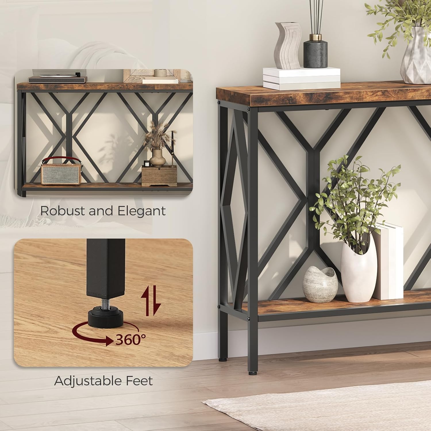 Close-up of adjustable feet on the console table