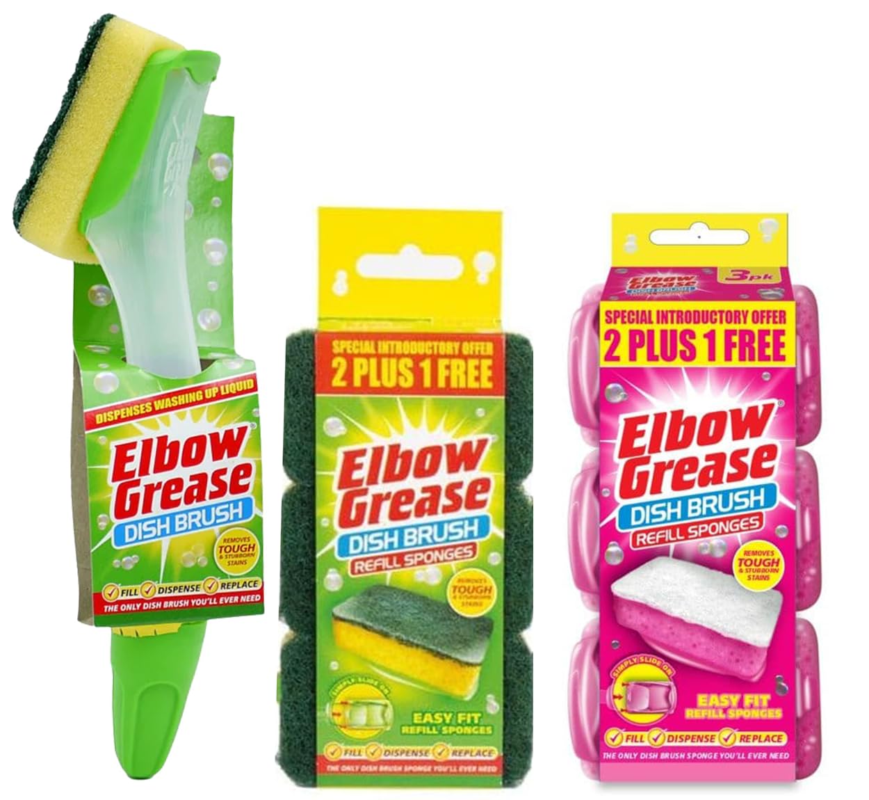 Topest White Elbow Grease Fillable Washing Up Brush With Sponge- Ergonomic Design Handle - With 3X Elbow Grease General Purpose Refills And 3X Elbow Grease Non-Scratch Refills