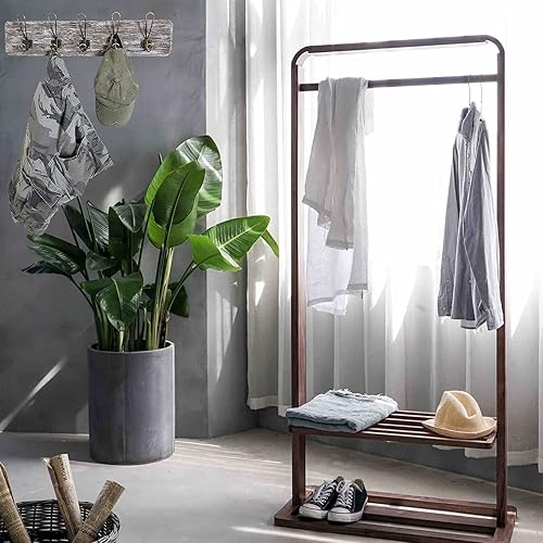 Miniatura 5 de WRIGHTMART Perchero de madera montado en la pared con 5 ganchos para colgar, para porche, cocina, dormitorio, pasillo, personaje rústico de granja