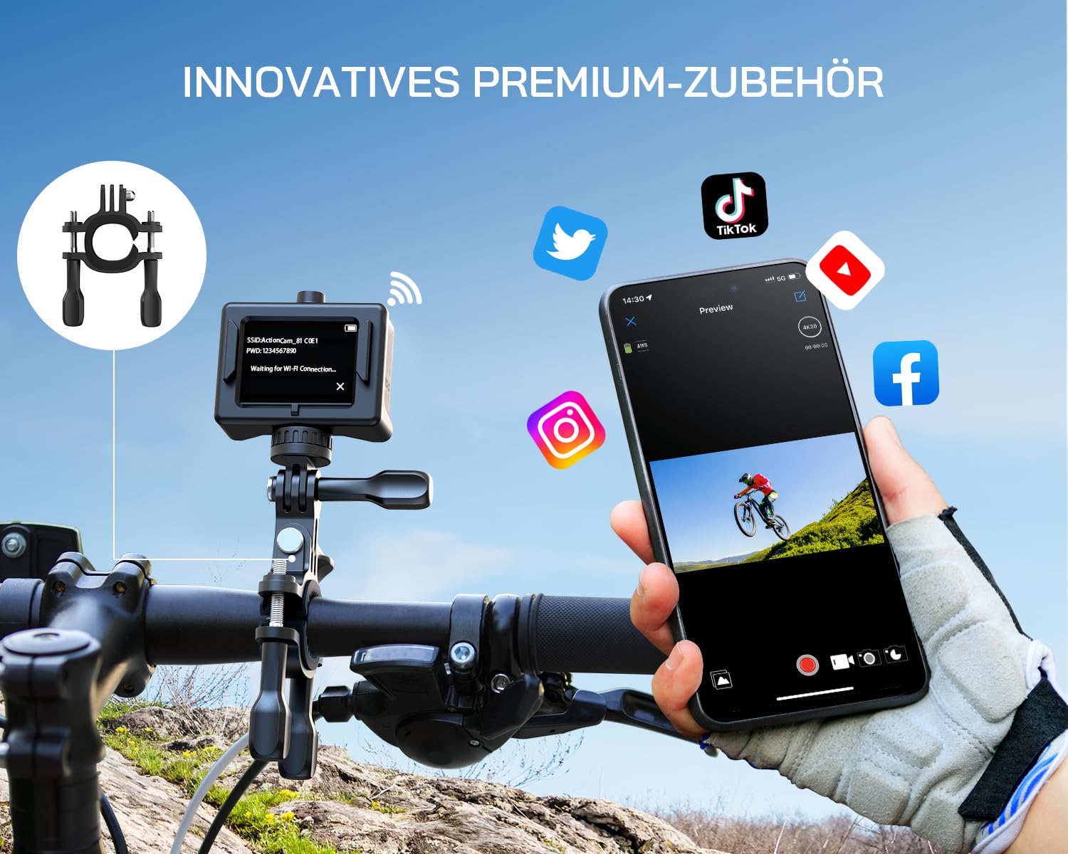 WOLFANG Action Cam,WiFi 4K 60 FPS Neue GA300 Actionkamera,8xZoom 24MP,Unterwasserkamera 40 Meter mi,Dual-Mikrofonen,170° Weitwinkel Verbesserter,EIS 2.4 G Fernbedienung,2 x 1350 mAh Akkus,Touchscreen