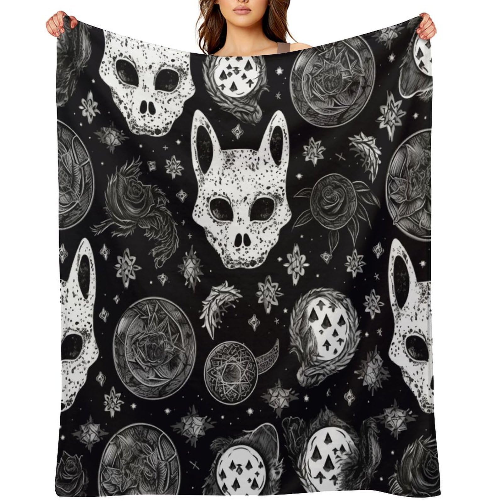 Skull Cat Moon Gothic Throw Blanket for Couch and Bed Super Soft Warm Lightweight Throw Blankets Cozy Fuzzy Flannel Blanket Personalized Decorative Blankets for Sofa Decor 40"x50"