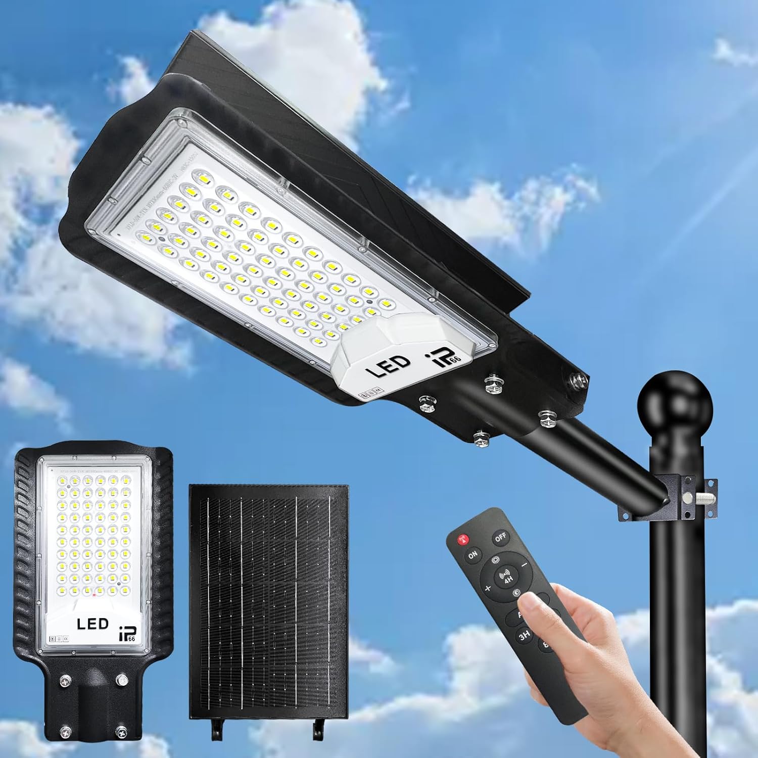 Solar Street Lights Outdoor, 10000LM Commercial Parking Lot Light, IP66 Waterproof Super Bright Solar Street Lights Outdoor, Motion Sensor with Remote Control, for Parking Lot, Yard, Street