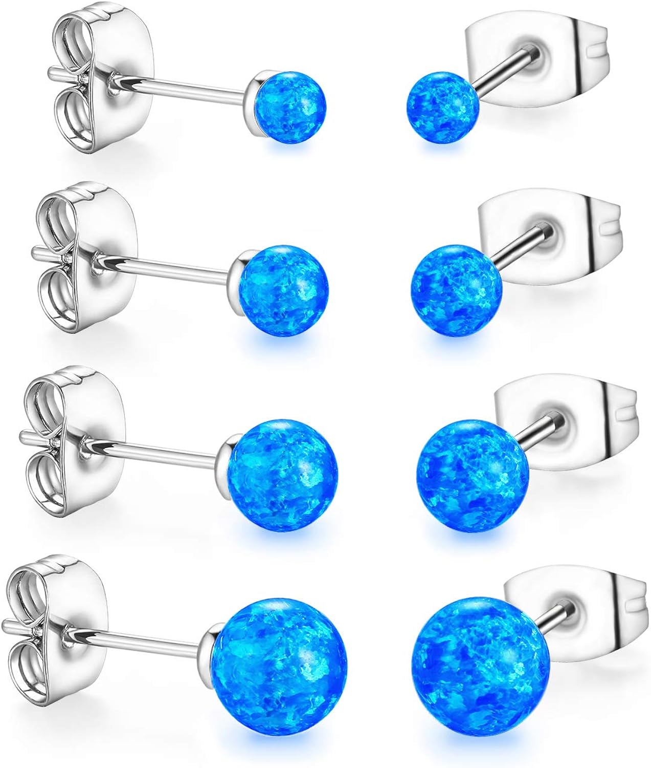 VOLUKA Opal Stud Earrings 18K White Gold Plated for Womens Sensitive Ears 3 Pairs 3/5/7mm