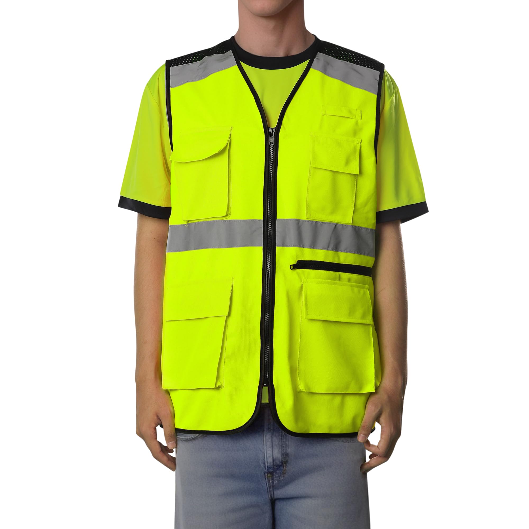 Photo 1 of High Visibility Safety Vest with Pockets, Mic Tab, Reflective Strips and Zipper, ANSI/ISEA Standards X-Large Polyester Fabric & 6 Pockets Yellow