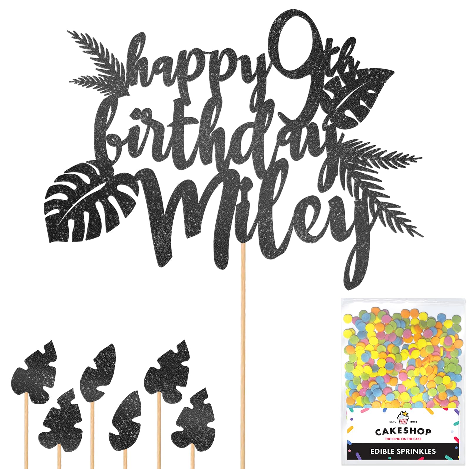 Personalised Birthday Jungle Themed Glitter Cake Topper- Black Any Custom Age & Name Glitter Cake Decoration and Sprinkles - Happy Birthday Decorations - Personalised Toppers for Cakes by Cakeshop โ image 1