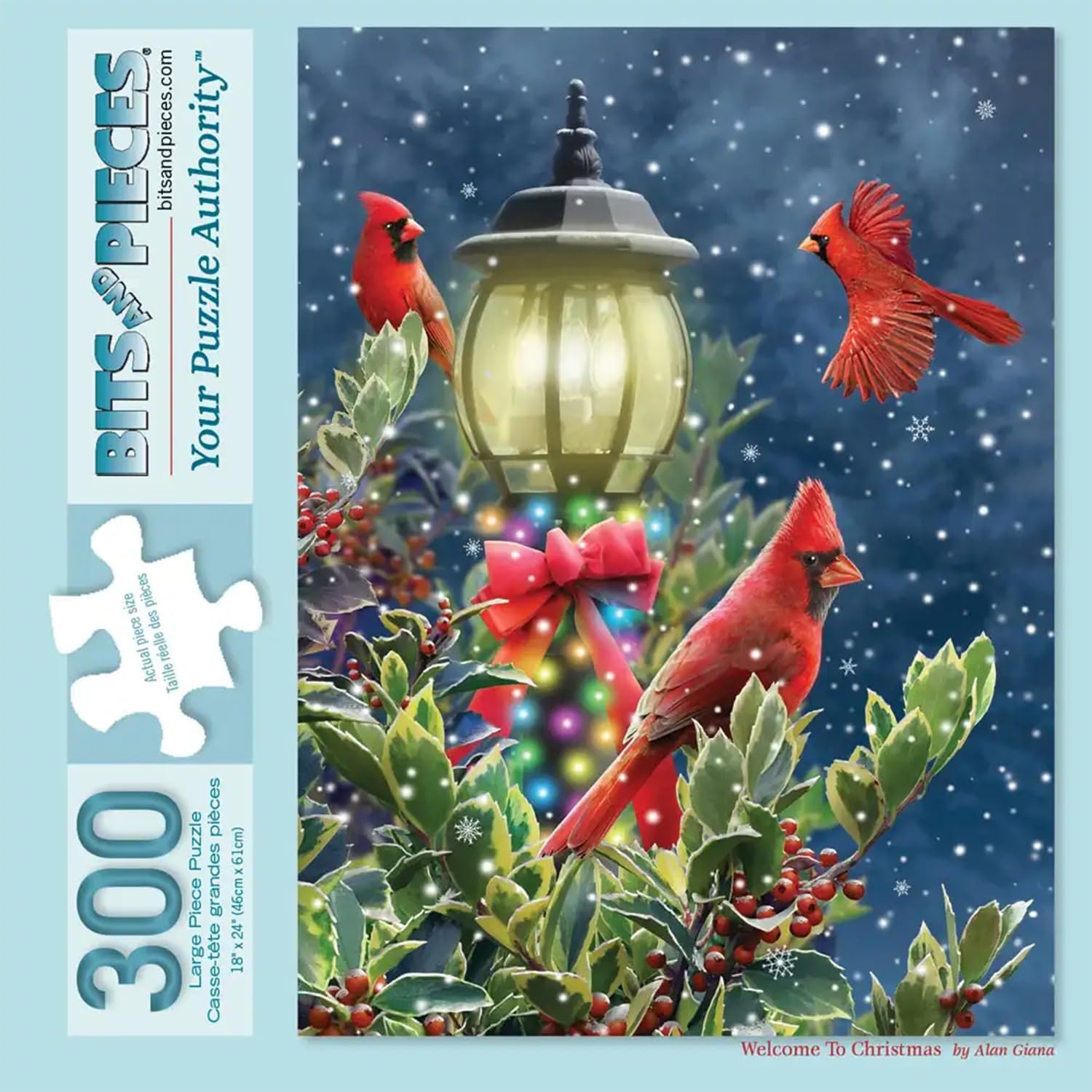 Bits and Pieces 300 Piece Puzzles for Adults 300 Large Pieces 18" x 24" Jigsaw Puzzles, Cardinals Snow Lamp Post, Random Die Cut, No 2 Pieces Alike, Welcome to Christmas