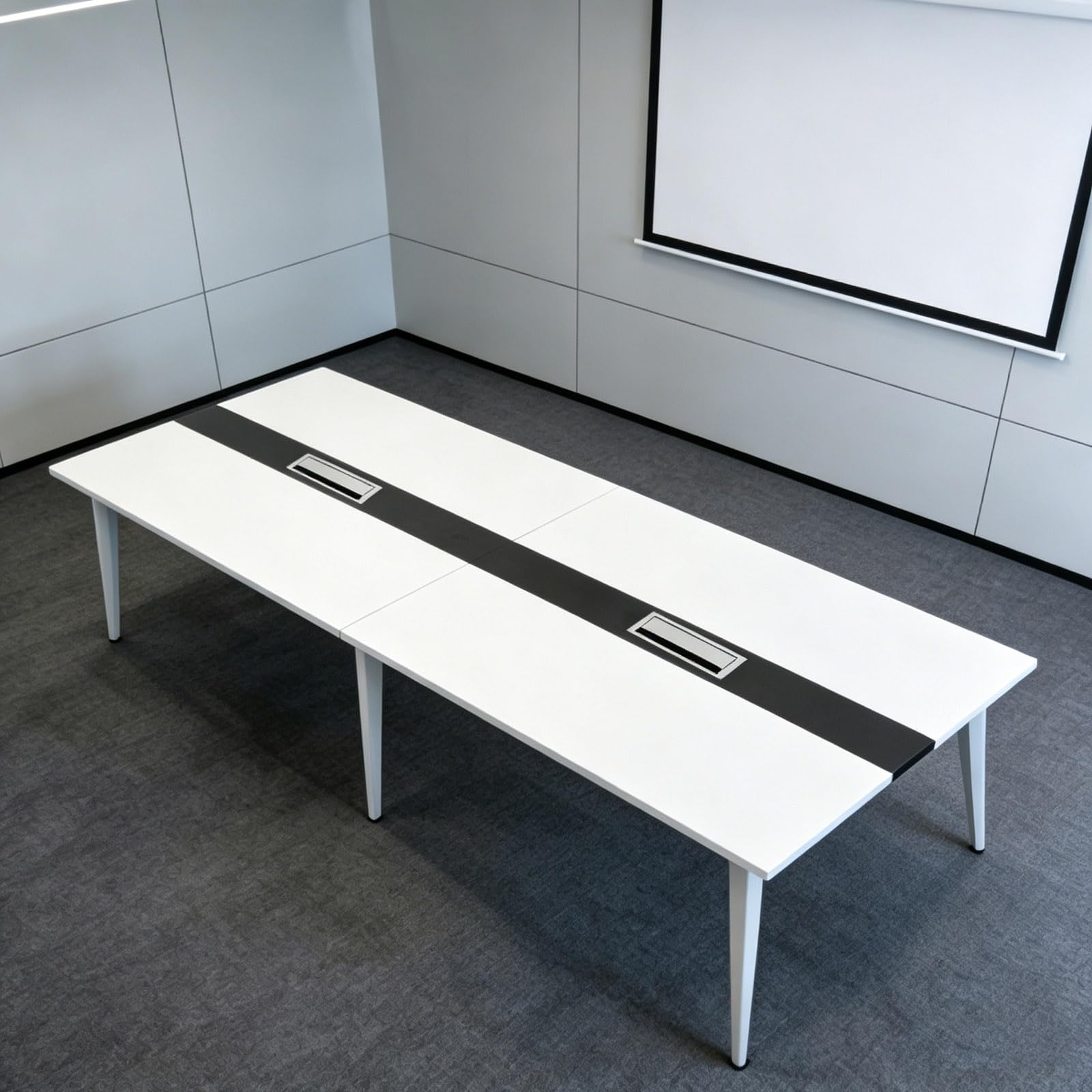 Tavolo Riunioni 240 cm per 8-10 Persone, Grande Tavolo Conferenze Rettangolare con Struttura in Metallo, Tavolo Ufficio con Passacavi per Sala Riunioni White