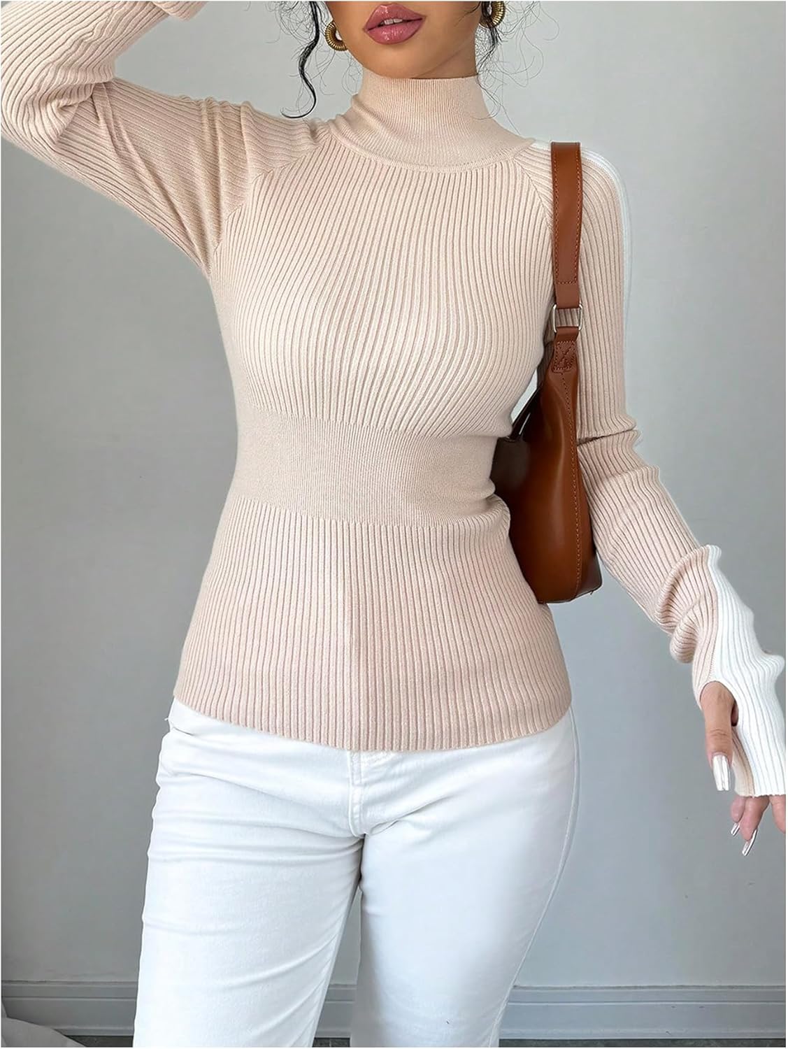 OYOANGLE Women's Color Block Sweater Turtleneck Long Sleeve Pullover Ribbed Knit Tops - Image 5