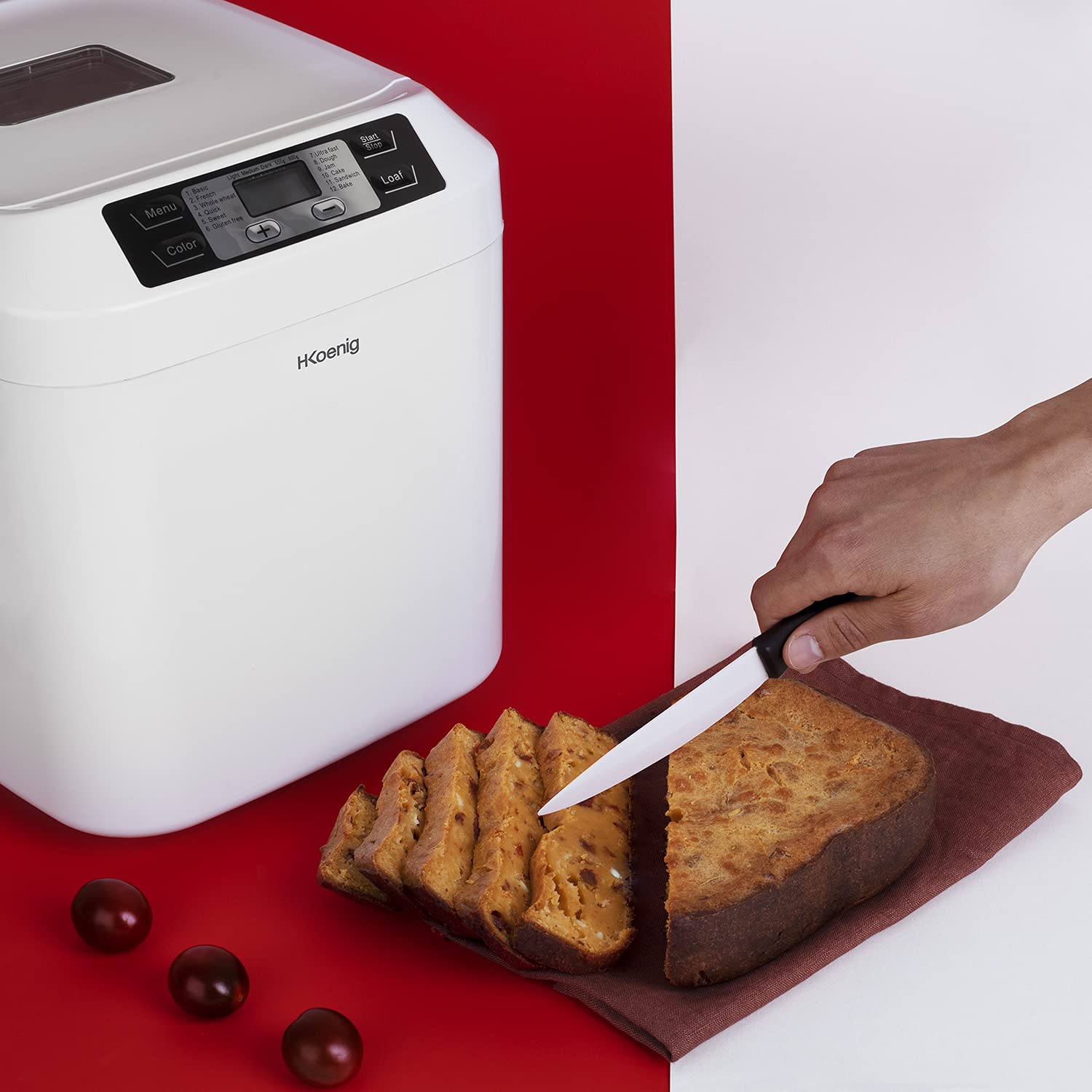 H.Koenig BAKE320 Brotbackautomat, 12 Programme, 2 Brotgrößen, glutenfreies Programm, Startzeitvorwahl und Warmhaltefunktion, LCD-Display, 550 Watt, Weiß