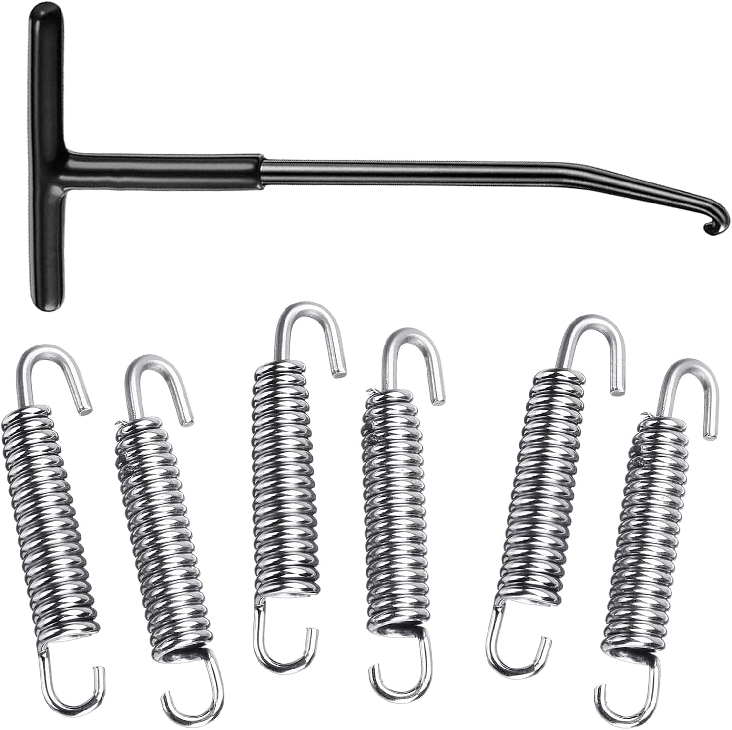 Motorcycle Exhaust Pipe Spring Puller Tool Set-1pc T Shaped Handle Spring Puller Installer Removal Hooks Tool and 6 Pcs 65mm Motorcycle Exhaust Pipe Springs (Black)