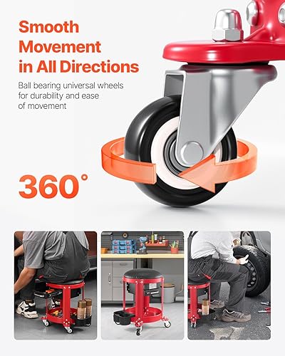 Miniatura 4 de VEVOR Taburete mecánico con ruedas, capacidad de 300 libras, asiento de garaje/taburete de trabajo, asiento acolchado con altura fija, bandeja de