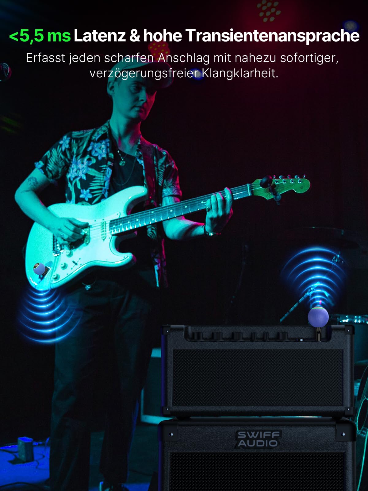WT09B Funk-Gitarrensystem, Sender & Empfänger, 6 Kanäle mit Auto-Umschaltung, 5,8 GHz, <5,5 ms Latenz, 60 m Reichweite, 1 MΩ HiFi-Eingang, RGB-Anzeige, 4 Std. Laufzeit, Profi-Reiseset, Blau