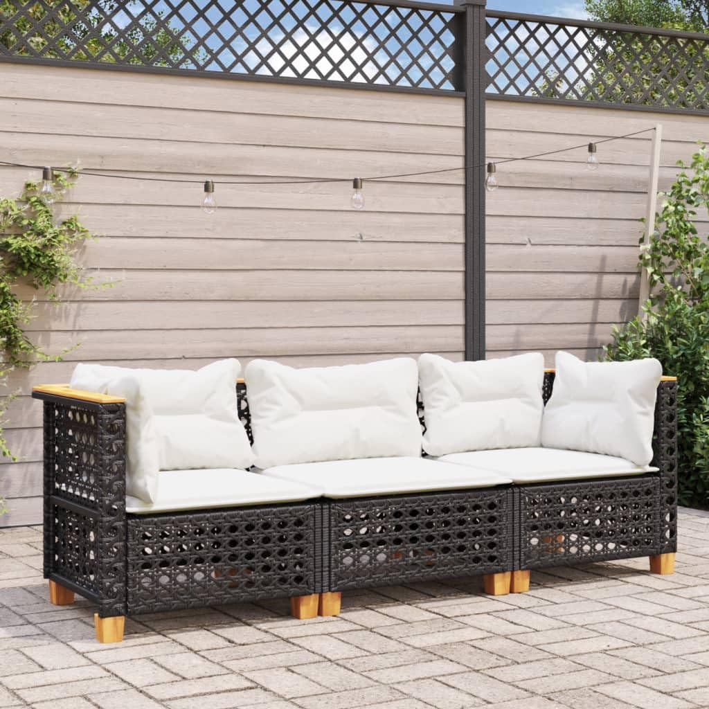 Gecheer Divano da Giardino a 3 Posti con Cuscini Nero in Polyrattan,Salotto da Giardino,Salotto da Esterno-PLC345