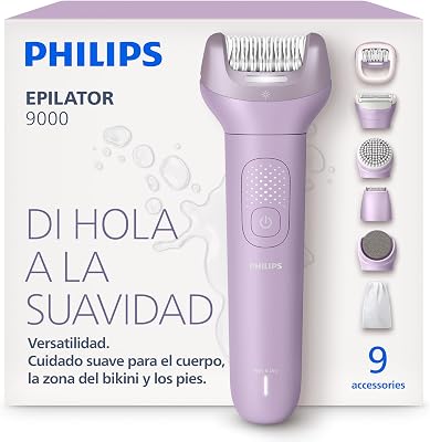 Philips Depiladora Serie 9000 - Depiladora eléctrica inalámbrica, uso en seco y mojado, para todo el cuerpo. Incluye ProGuide, 9 accesorios (incluye cabezal de pedicura), 60 min autonomía. BRE728/00