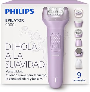 Philips Depiladora Serie 9000 - Depiladora eléctrica inalámbrica, uso en seco y mojado, para todo el cuerpo. Incluye ProGuide, 9 accesorios (incluye cabezal de pedicura), 60 min autonomía. BRE728/00