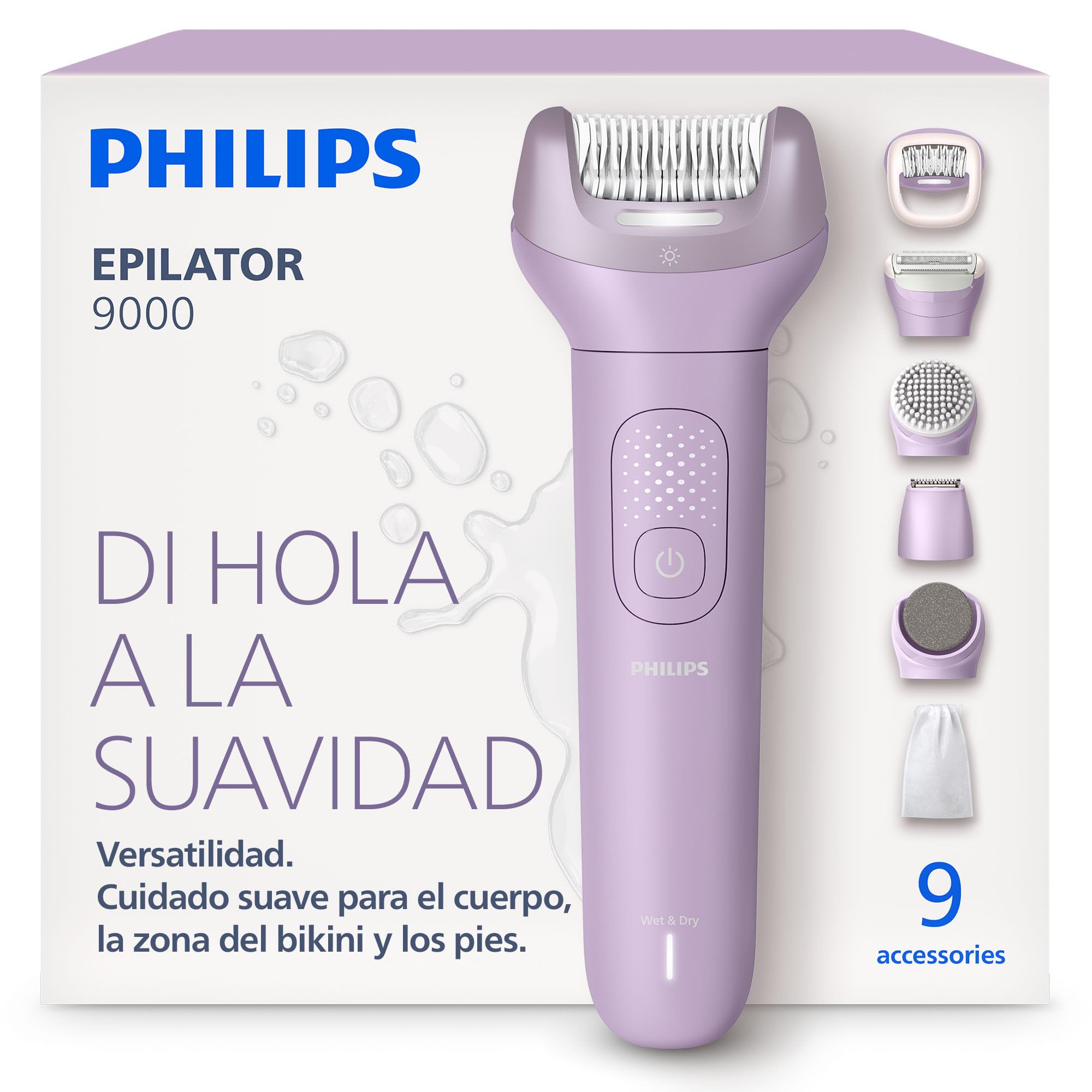 Philips Depiladora Serie 9000 - Depiladora eléctrica inalámbrica, uso en seco y mojado, para todo el cuerpo. Incluye ProGuide, 9 accesorios (incluye cabezal de pedicura), 60 min autonomía. BRE728/00