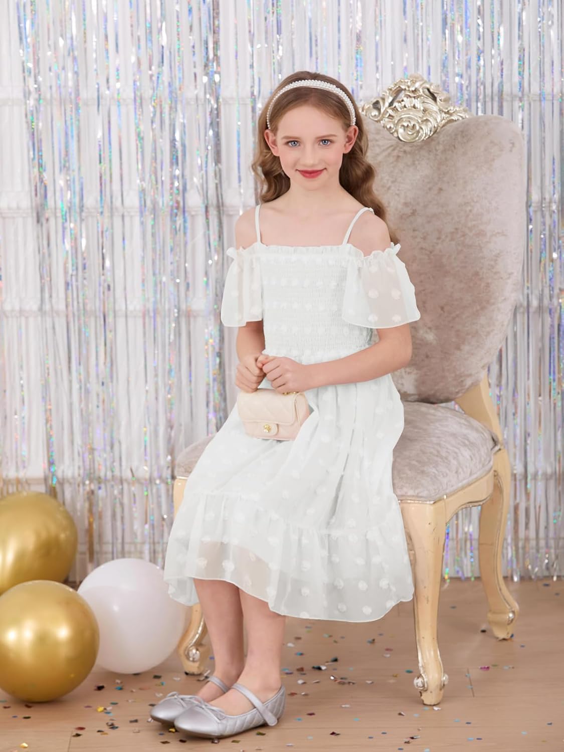 Girls Summer Dresses Kids Off Shoulder Flutter Sleeve Swiss Dot Formal Party Smocked Dress 5-14 Years