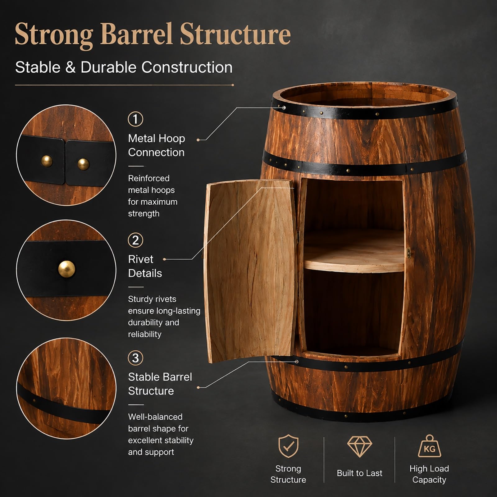 Mesa Barril Madera Maciza con Puerta, Mueble Bar Barril De Vino