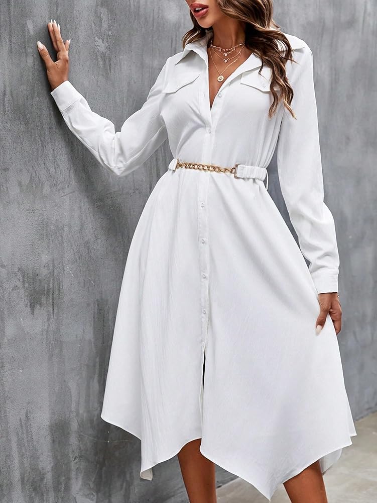 Women's 2024 Midi Dress Long Sleeve Asymmetrical Hem Belted Shirt