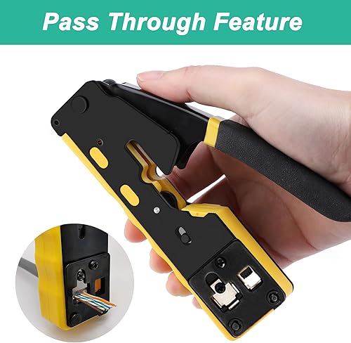 Miniatura 10 de Kit de herramientas de crimpado RJ45, herramienta de engarzado Ethernet todo en uno, cortador pelacables para conectores Thrugh de paso Cat5e Cat6