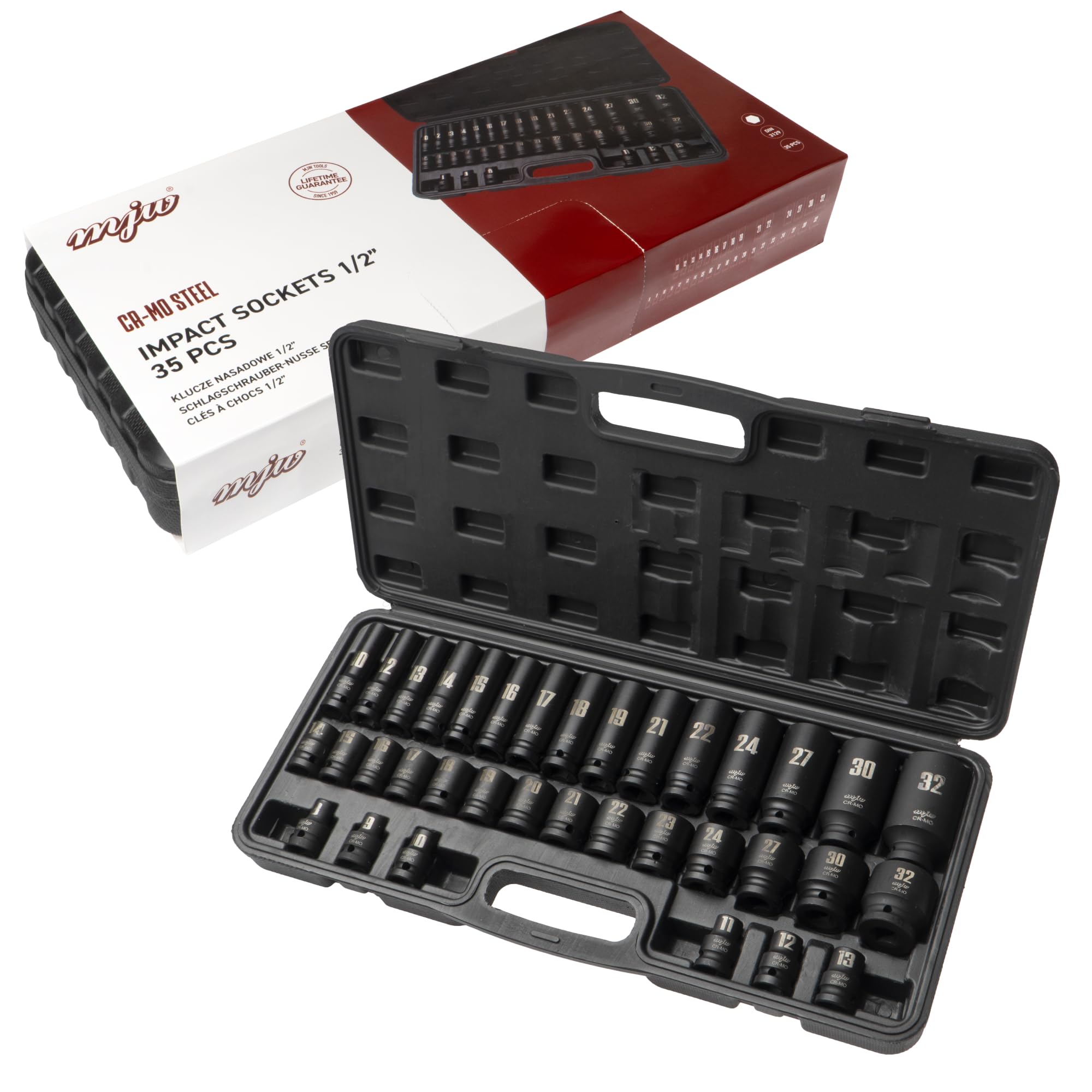 MJW Nasadki udarowe CrMo 1/2" 35 el. (8–32 mm krótkie, 10–32 mm długie) – zestaw nasadek udarowych do kluczy udarowych i narzędzi ręcznych – do garażu i profesjonalnego warsztatu