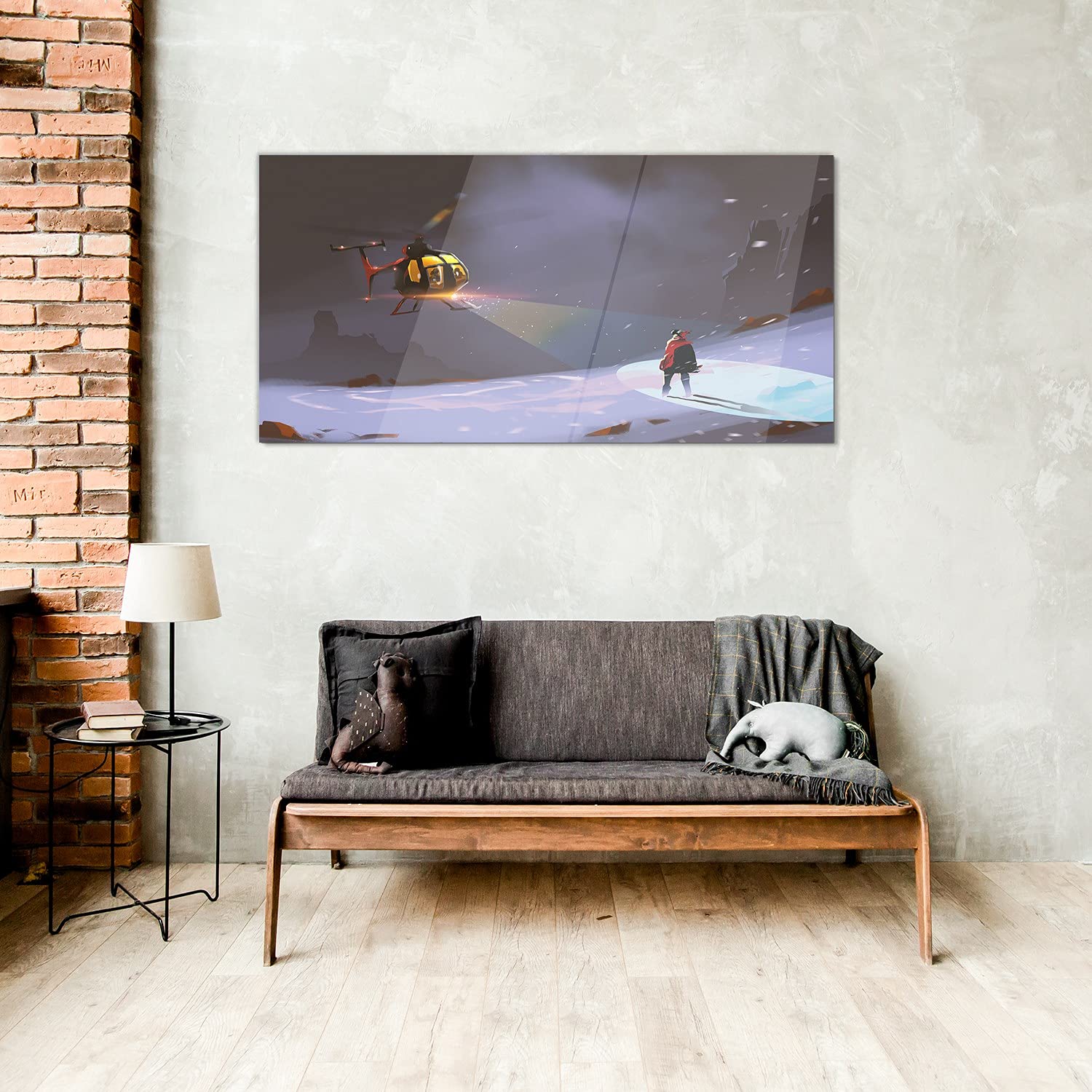 Coloray Pintura Vidrio Acrílico 100x50cm Cuadro De Pared De Arte De Vidrio Mural Sala De Estar Cocina Acryl - Helicóptero De La Nieve De La Montaña