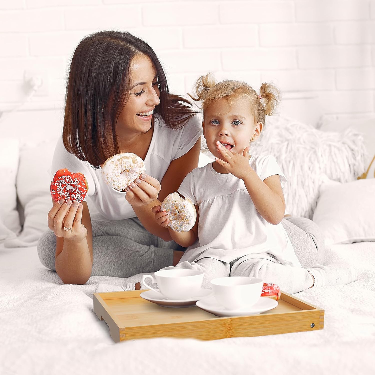 Bed Tray Table with Folding Legs, Bamboo Breakfast in Bed for Kitchen Serving Tray, Sofa, Eating, Used As Laptop Desk Snack Tray (6 Pack, Bamboo Color)