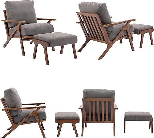 Miniatura 7 de Silla decorativa moderna de mediados de siglo con otomana, juego de sillón tapizado de lino de granja y otomano, silla de descanso retro de 23