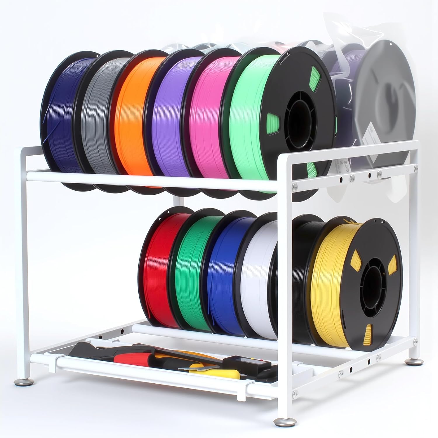 3D Printer Filament Storage Rack Desktop, 2-Tier Metal Rolling Spool Holder, Filament Organizer for 3D Printing with Storage Basket, Tabletop Rack for Filament ABS/PLA/TPU for 3D Printing Studio