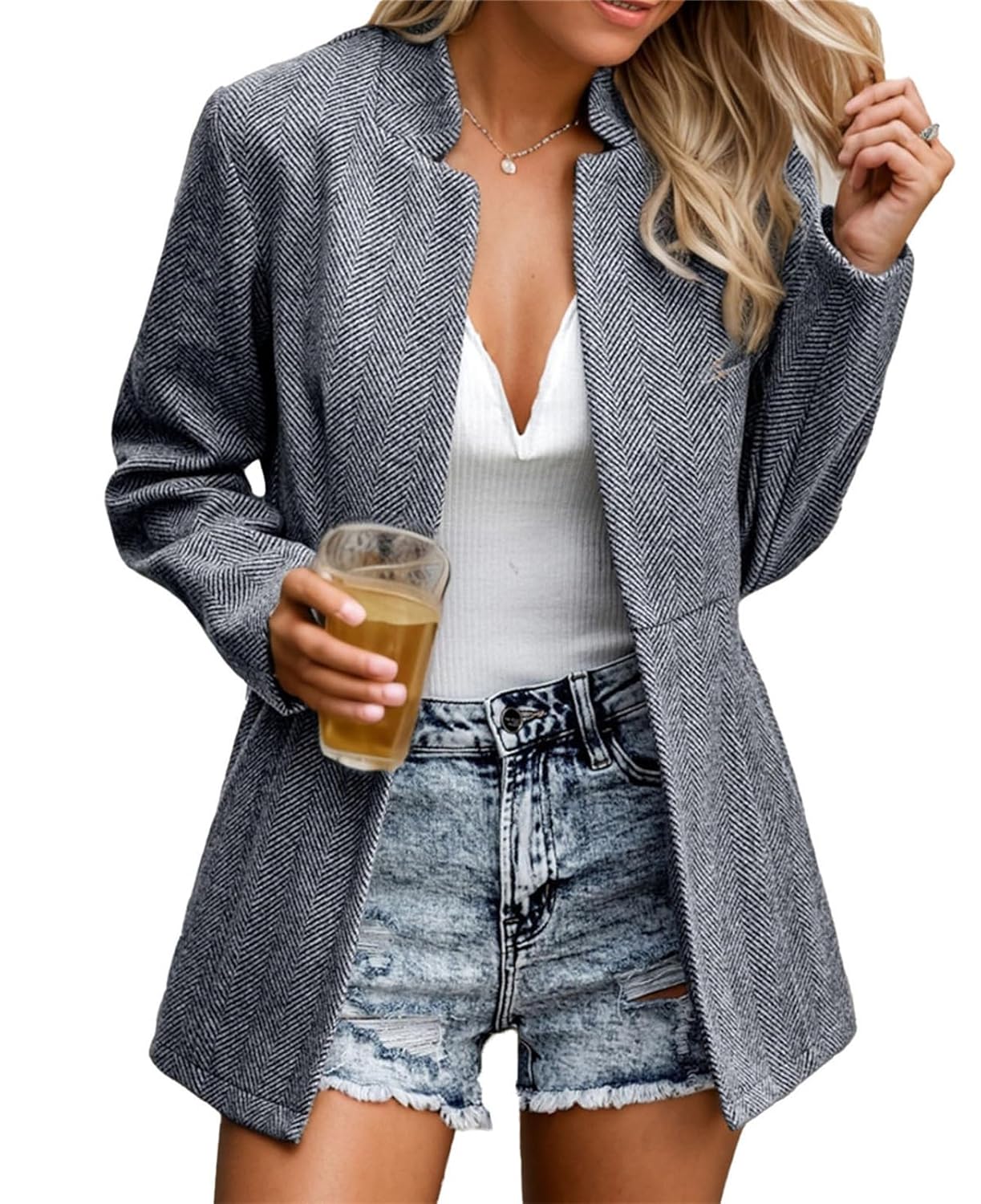 Womens Herringbone Open Front Business Jacket Casual Long Sleeve Notch Lapel Blazer Office Overcoats