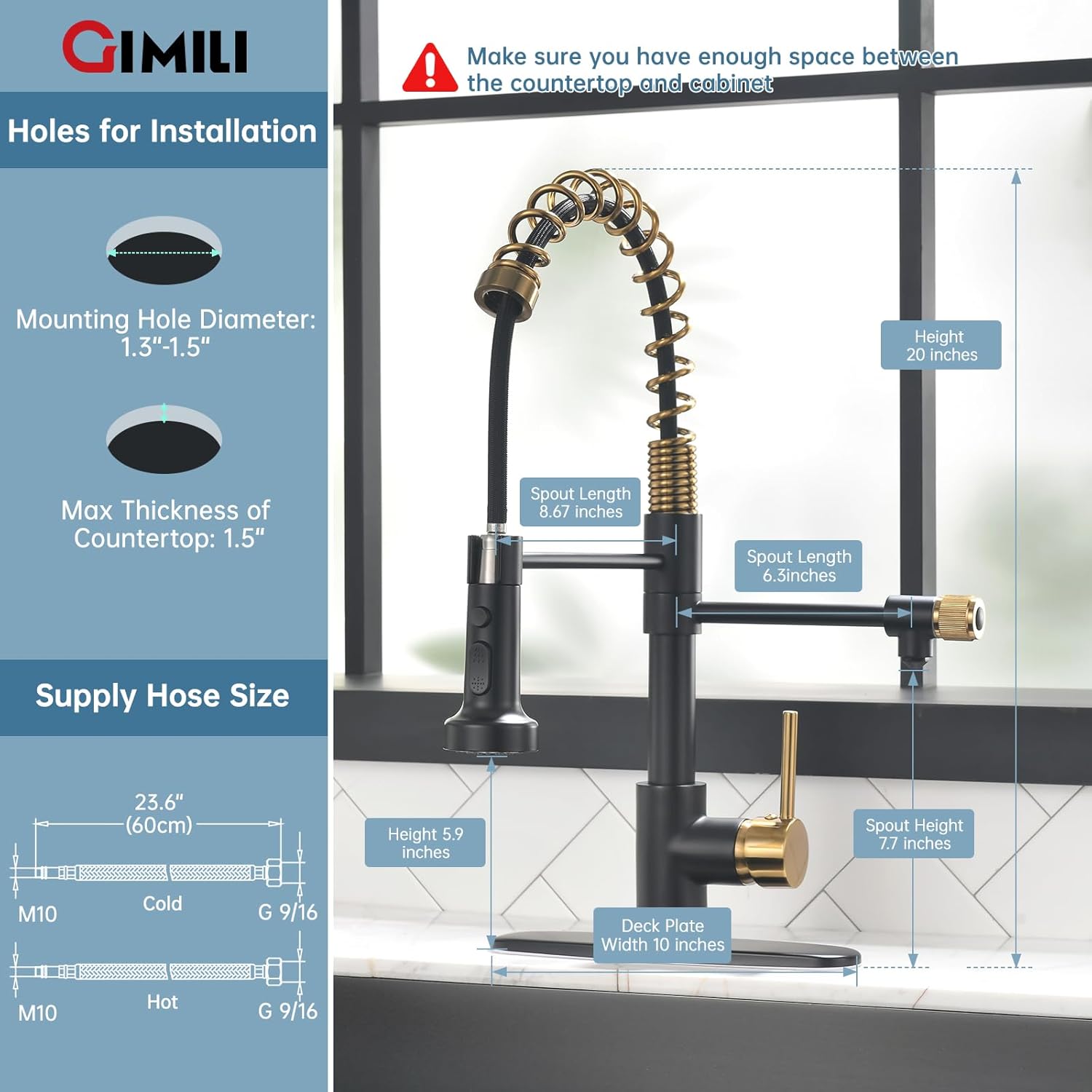 GIMILI Black and Gold Drinking Water Faucet 3 in1 Commercial Style Pull-Down Single Handle Filter Kitchen Faucet for Water Filtration System,Without Water Filtration Device
