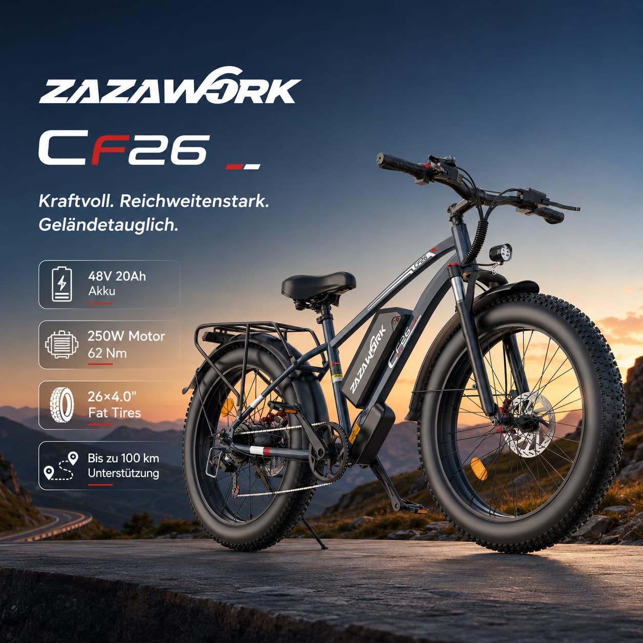 E-Bike Herren Mountainbike 250W Motor 25km/h，48V20AH Akku | 100-120km Reichweite, 48V20AH Akku, 7-Gang, Lockbare Federgabel & hydraulische Scheibenbremsen, Für Berg & Trail